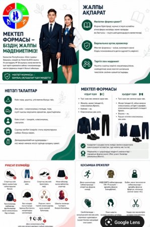 Мектеп формасы 📢 ҚҰРМЕТТІ АТА-АНАЛАР!  🏫 Жаңа оқу жылы қарсаңында мектеп әкімшілігі оқушылардың мектеп формасына қойылатын талаптарды еске салады.  👔 Ұлдарға: • қою көк түсті костюм; • жилет; • шалбар; • ақ жейде; • галстук; • классикалық үлгіді
